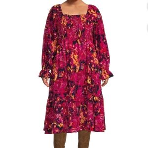 NWT Terra & Sky Multicolor Brushed Abstract Print Square Neck Peasant Dress